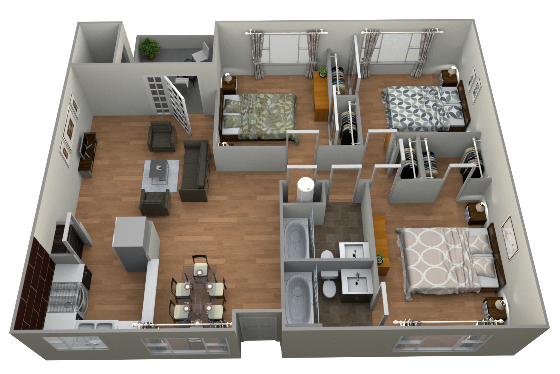 Floor plan for 3 beds, 2 baths, 1212 sqft